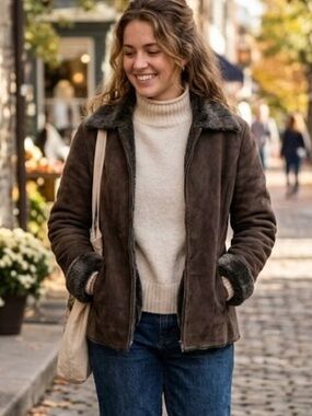 EMC Suede Shearling Trimmed Zip Jacket in Chocolate Brown Boho Penny Lane